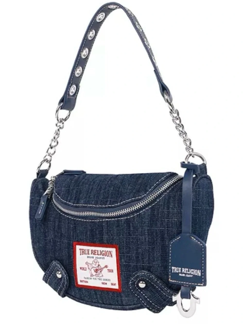 True Religion Denim Classic Logo Grommet Chain Strap Hobo Handbag